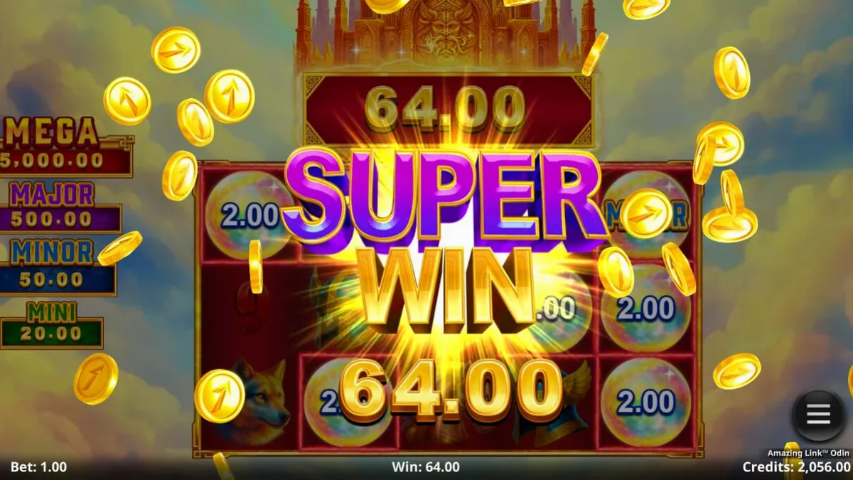 Tampilan visual slot Amazing Link Odin dengan latar belakang Asgard dan simbol-simbol mitologi Nordik.