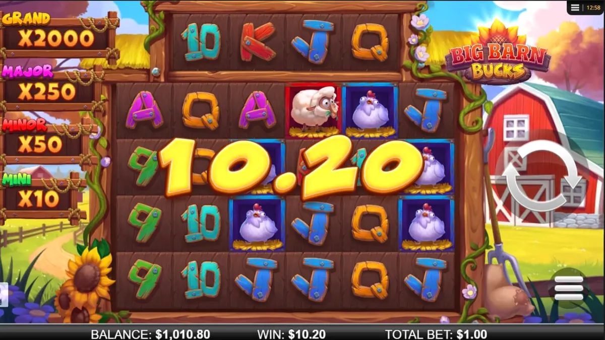 Tampilan antarmuka permainan slot Big Barn Bucks dengan tema peternakan dan simbol hewan.